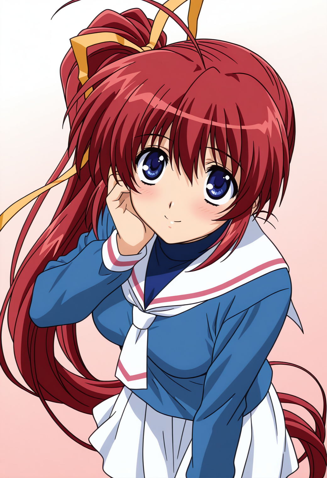 masterpiece, best quality, very aesthetic, absurdres, 1girl, solo,
<lora:takase_mizuki_v01:0.9>, takase_mizuki, mizuki_school, red hair, very long hair, ahoge, side ponytail, blue eyes, breasts,
cosplay, yellow hair ribbon, blue serafuku, turtleneck, white skirt, light blush, (smile:0.7), hand on own face, looking up, from above, upper body