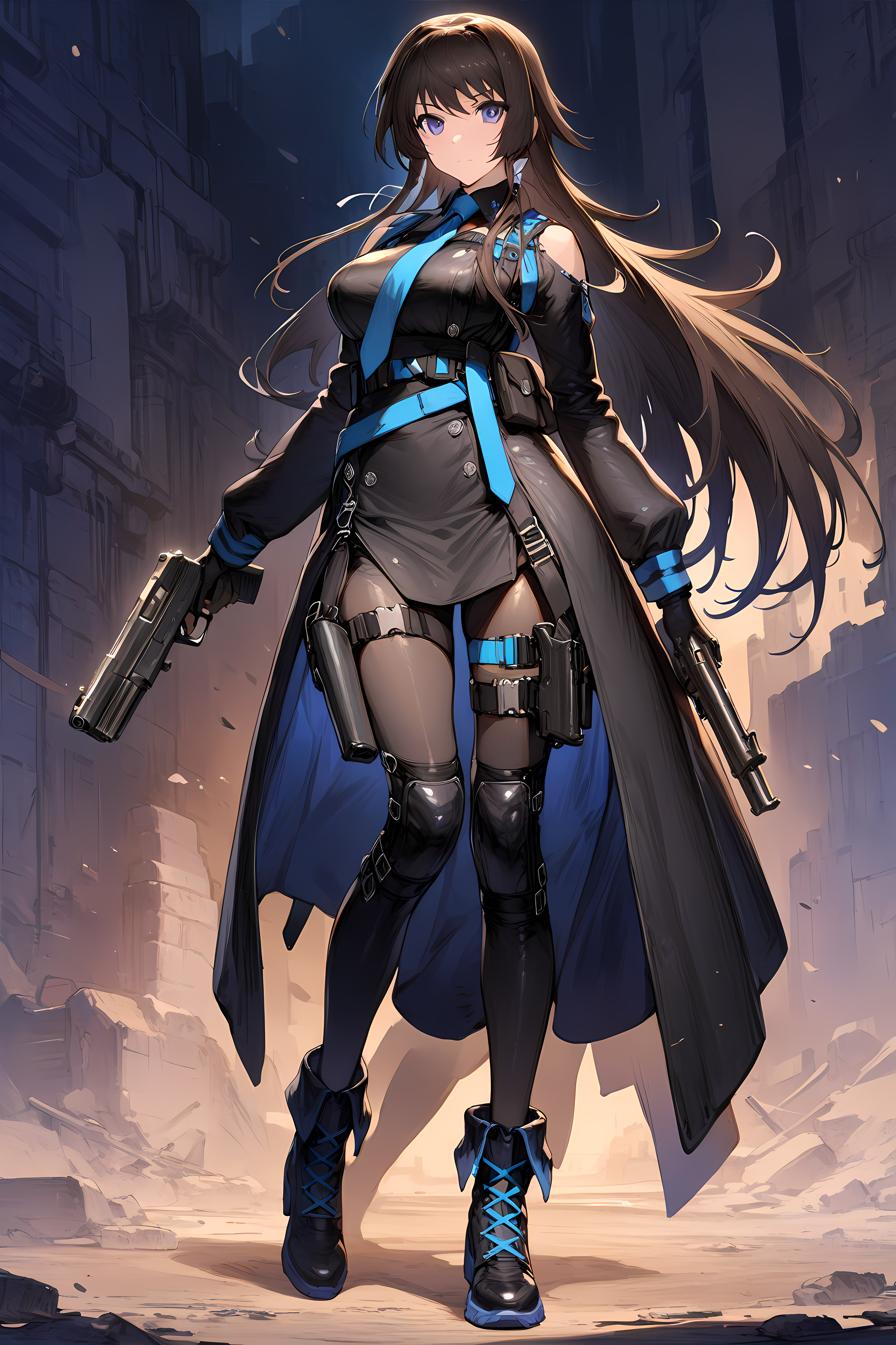 (masterpiece),(best quality),(ultra-detailed),(best illustration),(best shadow),(absurdres),(detailed background),(very aesthetic), takamura yui, 1girl, weapon, solo, gun, handgun, holding weapon, holding, long hair, necktie, gloves, militaryuniform, full body, <lora:Takamura_Yuiç¯_å¯ä¾_-_Muv_Luv_Dimensionsããã©ã´ãã£ã¡ã³ã·ã§ã³ãº_SDXL_Animagine_XL_3.1:1>