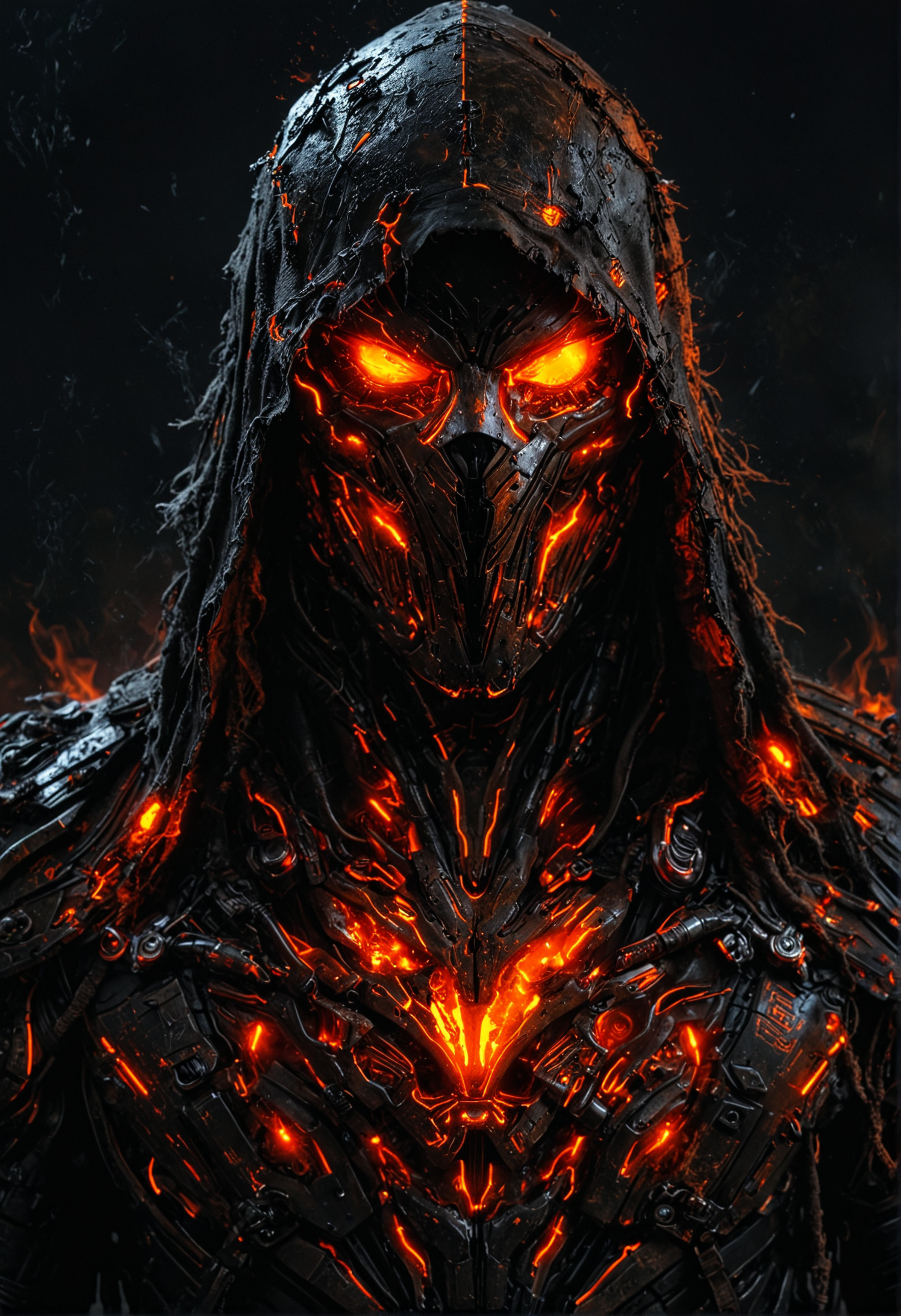 dark rugged realm, phantom warrior emerges from the shadows, clad in tattered black cyberpunk armor, etched with fiery orange circuitry, like a dark mechanical specter, The figure's face is shrouded in an impenetrable black hood, with only two blazing orange optics piercing the darkness, like hot coals from a malevolent forge, The armor is shifting and writhe like living darkness, with orange neon-like energy bleeding from the cracks, <lora:DetailMaximizer:0.6>, <lora:MJ52_v2.0:0.6>, <lora:MJ52:0.2>, <lora:EpicF4nta5yXL:0.4>