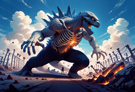 score_9, score_8_up, score_7_up,source_anime, masterpiece,  1boy, skeleton, Godzilla, boneswm, dynamic pose, destroying Tokyo, high detail, (perspective:1.2), necropolis background,  8k resolution.