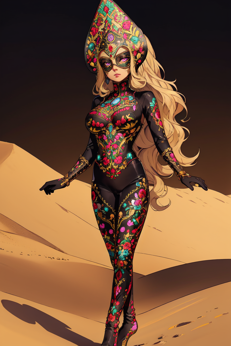 portrait, desert, Arabia, A woman with long blonde wavy hair, full body, wearing HUD_LG_911, ornate embroidered leather mask, darkened eye sockets, headdress, corset, gloves, long sleeves, bodysuit, shoes, <lora:HUD_LG_911-08:0.65>