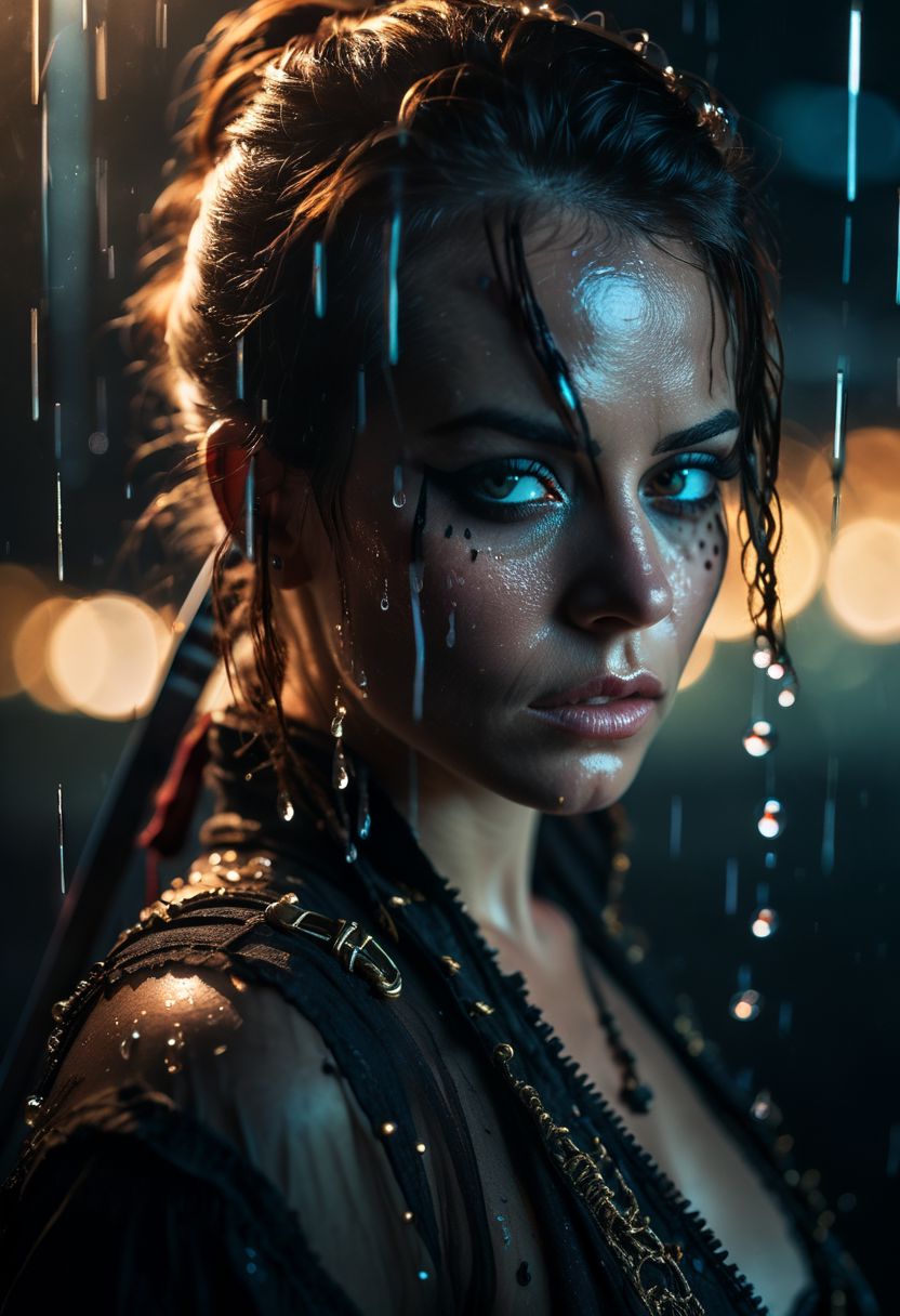 glamour portrait photo, macro, a captivating vibrant glow, mysterious female futuristic pirate, ,(katana infront of face acting as a mirror, reflecting) , surrounded by water particles , ethereal, smoky backdrop. throwing a translucent white/tanslucent dark/bright fade, pirate clothing revealing cleavage, 100mm f/2.8 macro lens, atmospheric haze, Film grain, cinematic film still, shallow depth of field, highly detailed, high budget, cinemascope, moody, epic, OverallDetail, gorgeous, 2000s vintage RAW photo, photorealistic, candid camera, color graded cinematic, eye catchlights, atmospheric lighting, imperfections, natural, shallow dof