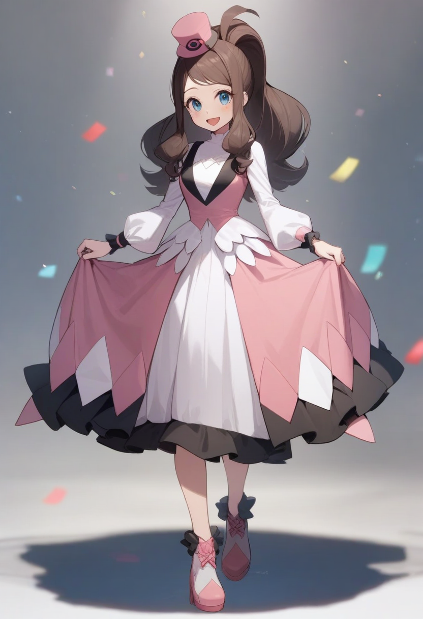 masterpiece,best quality,very aesthetic,absurdres,<lora:hilda_(pokemon):1>,highres,skirt_hold,frills,standing,sidelocks,mini_hat,smile,pink_hat,blush,tongue,eyelashes,hilda_\(special_costume\)_\(pokemon\),1girl,solo,pink_dress,official_alternate_costume,hilda_\(pokemon\),commentary_request,confetti,full_body,open_mouth,long_sleeves,long_dress,