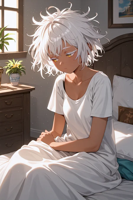 score_9,best quality,
1girl,dark skin,white hair,(white eyelashes:1.1), fantasy,short hair,half asleep,looking away,bed,sitting, streak of light,illumination,indoor,messy hair,(yellow eyes:0.7)