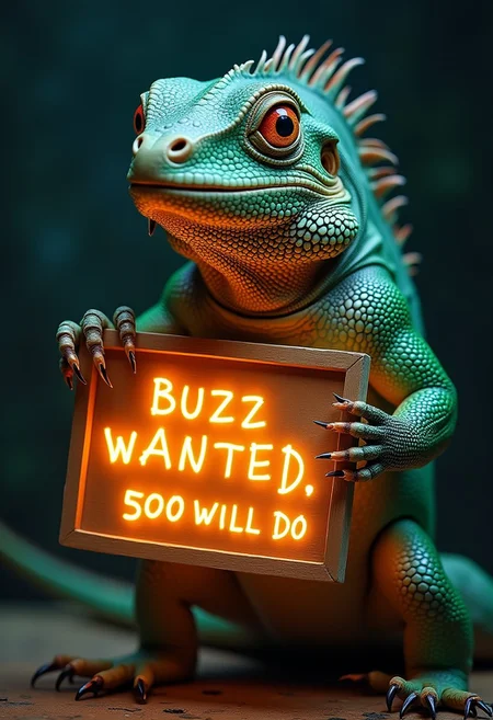 a crazy iguana holding a glowing board with his claws that reads " Buzz wanted, 500 will do".