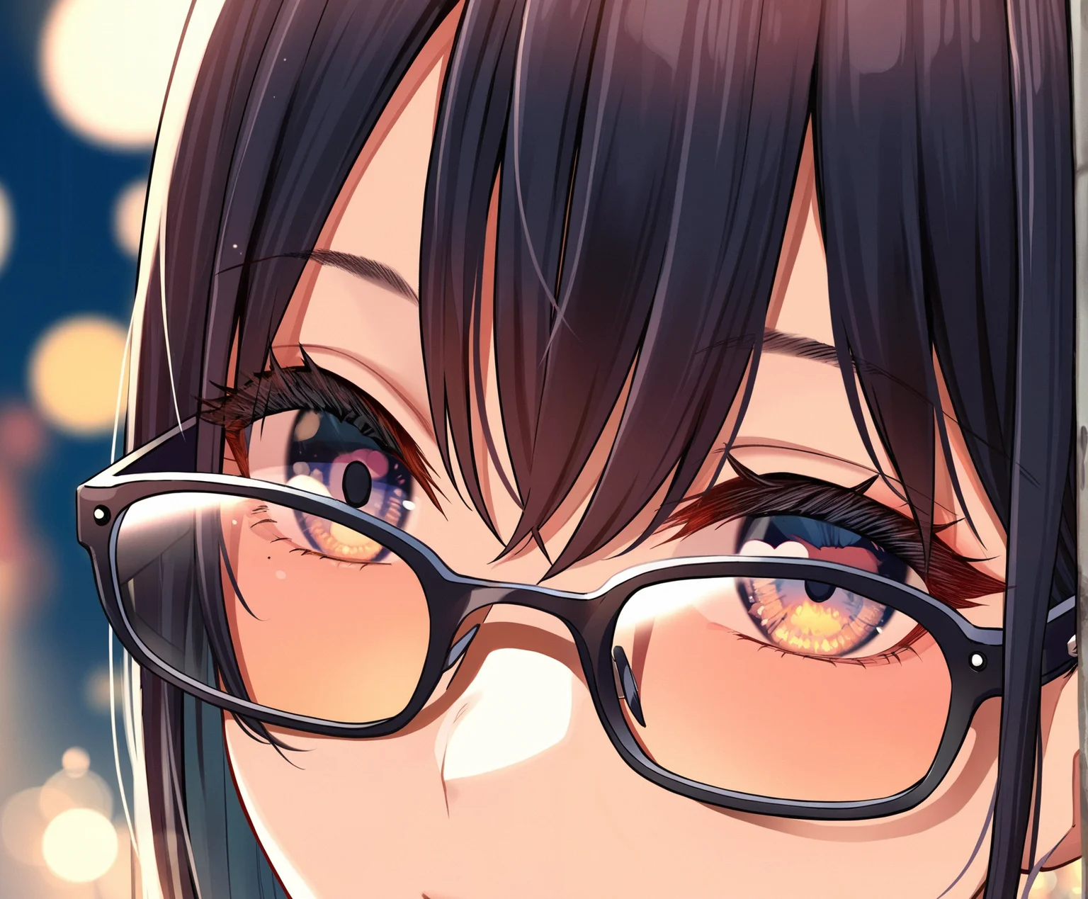 best quality, amazing quality, masterpiece, anime, 1girl, portrait, close-up, stylish glasses, black hair,