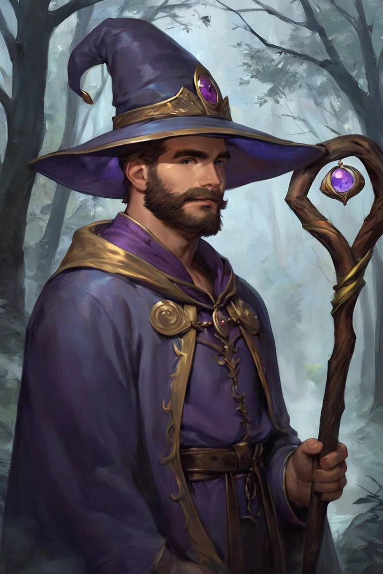score_9, score_8_up, score_7_up, 1boy, solo, male focus, mature male, wizard, long hair, brown hair, black eyes, looking at viewer, hat, facial hair, beard, mustache, staff, wizard hat, purple hat, robe, purple robe, cloak, holding, holding staff, upper body, standong, outdoors, forest, nature, tree, fog, dark background <lora:Eldritch Oil Style LoRA_Pony XL v6:1>