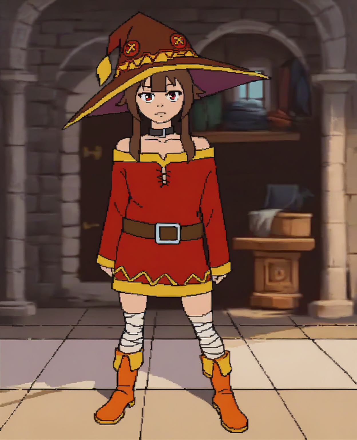 score_9, score_8_up, score_7_up, score_6_up, score_5_up, score_4_up, source_anime, indoors, 2D, flat shading, flat color, jaggy lines, megumin \(konosuba\), human, mammal, bandage, belt, boots, brown hair, clothed, clothing, female, footwear, hair, hat, headgear, headwear, jewelry, looking at viewer, necklace, red eyes, indoors, window, solo, standing, wizard hat, upper body, close-up
 <lora:cdi_pdxl_:1>