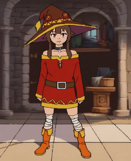 score_9, score_8_up, score_7_up, score_6_up, score_5_up, score_4_up, source_anime, indoors, 2D, flat shading, flat color, jaggy lines, megumin \(konosuba\), human, mammal, bandage, belt, boots, brown hair, clothed, clothing, female, footwear, hair, hat, headgear, headwear, jewelry, looking at viewer, necklace, red eyes, indoors, window, solo, standing, wizard hat, upper body, close-up
 <lora:cdi_pdxl_:1>