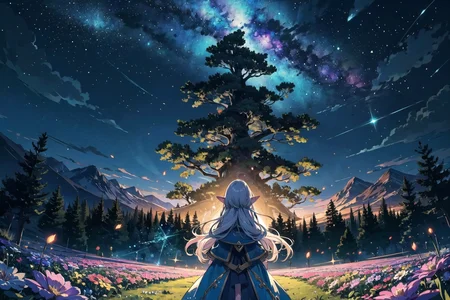 (masterpiece),  1girl,  long hair,  elf,  forest,  tree,  scenery,  fantasy,  crystals,  light particles,  glowing,  flower,  flower fields,  night,  star,  milkyway,  nebular,  cowboy shot