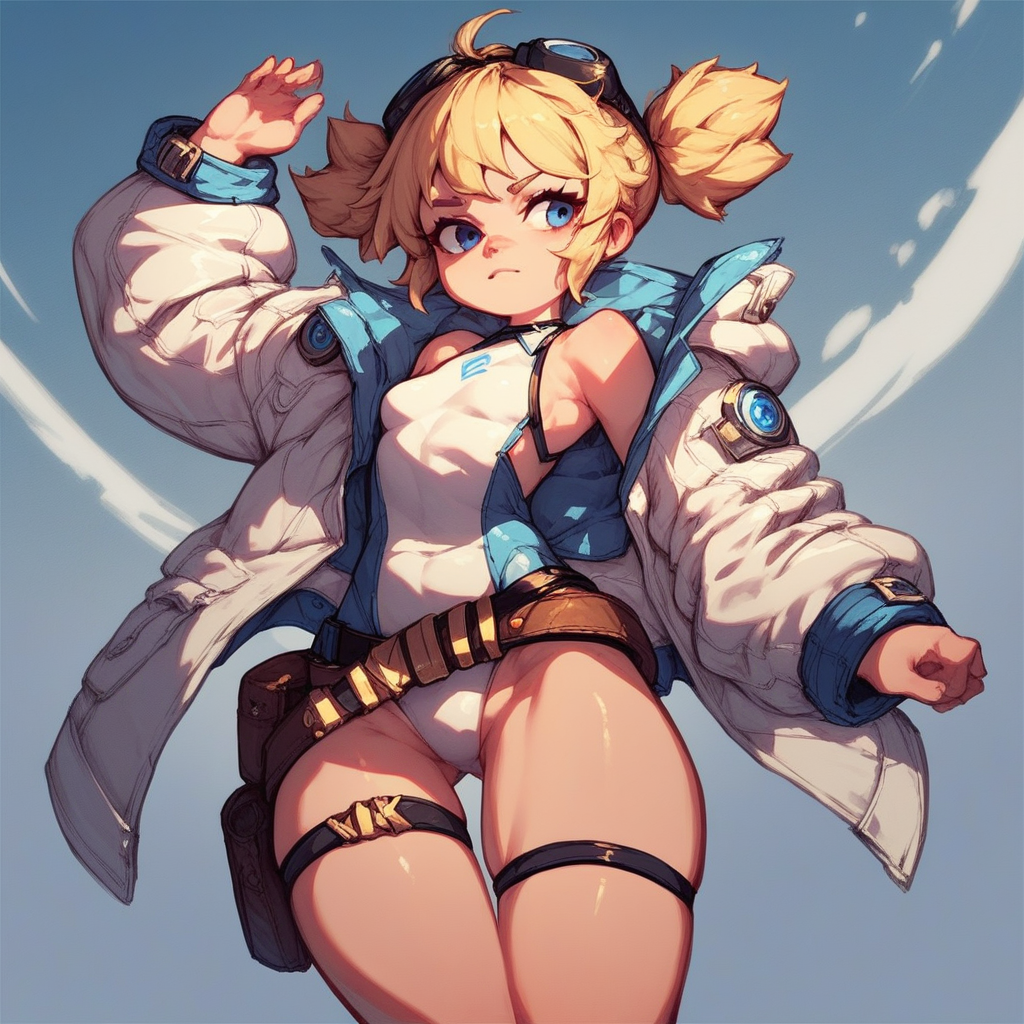 score_9, score_8_up, score_7_up, Pengy, blonde, blue eyes, small breast, goggles on head, white jacket, white leotard, belt, thigh strap