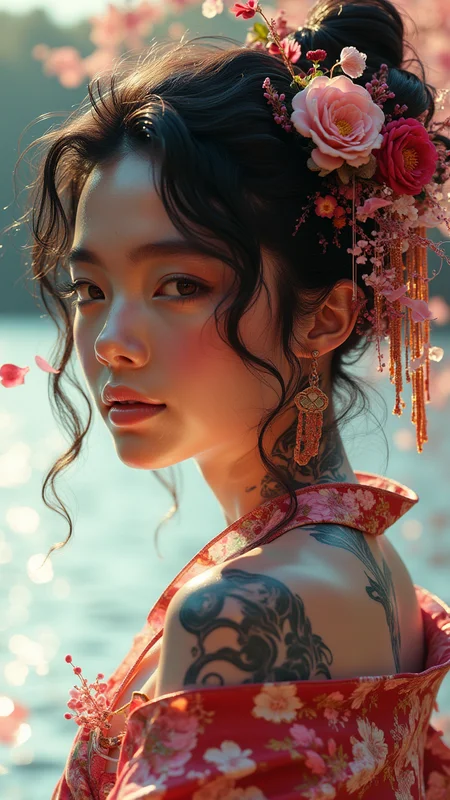 Japanese teenage art1fact girl, floral kimono, exposed shoulders, from behind, beautiful face, thick eyelashes, glossy eyes, black hair, (cute smile), dark eyeshadow, shoulders tattoos, back tattoos, floral decoration in hair, falling petals, beautifully backlit, wideshot, lake background,photo, raw,realistic
