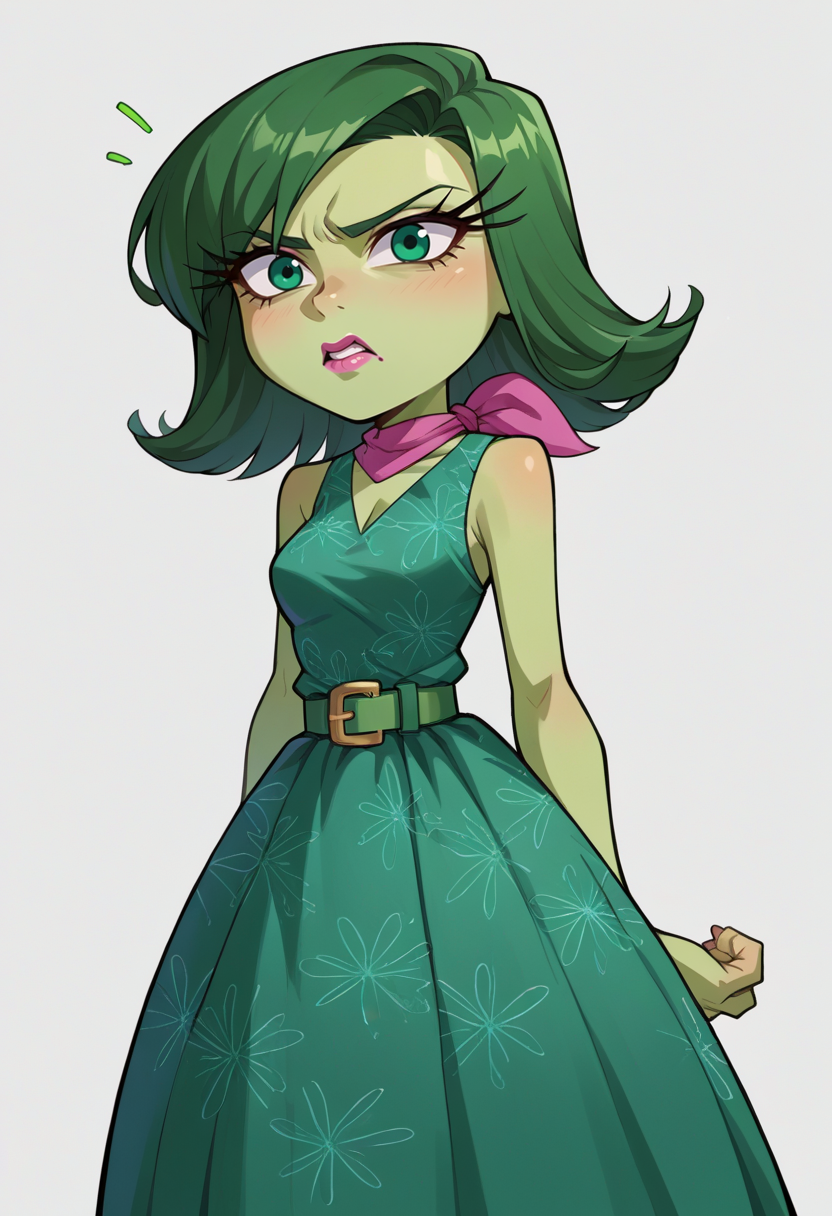 score_9, score_7_up, source_anime, solo, BREAK   <lora:disgust:0.9> disgustSDXL, 1girl, green eyes, green hair, green skin, pink lips, pink kerchief, green dress, belt,