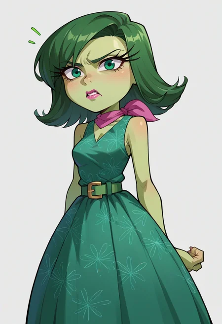 score_9, score_7_up, source_anime, solo, BREAK   <lora:disgust:0.9> disgustSDXL, 1girl, green eyes, green hair, green skin, pink lips, pink kerchief, green dress, belt,