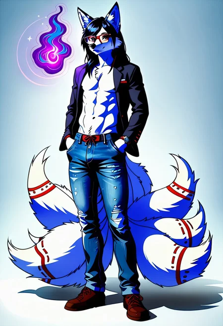 safe_pos, {((1male:2.0)), furry, fox, ((kitsune:2.0)), white fur, long hair, dark hair, blue highlight in hair, fox ears, glasses, nerdy, fox tails, denim jeans, shirtless, thin build, androgynous, hypnotist, holding pocket watch, corruption magic, dark magic, student, on college campus, full body render, }
FurryDalle, cartoon, high quality,