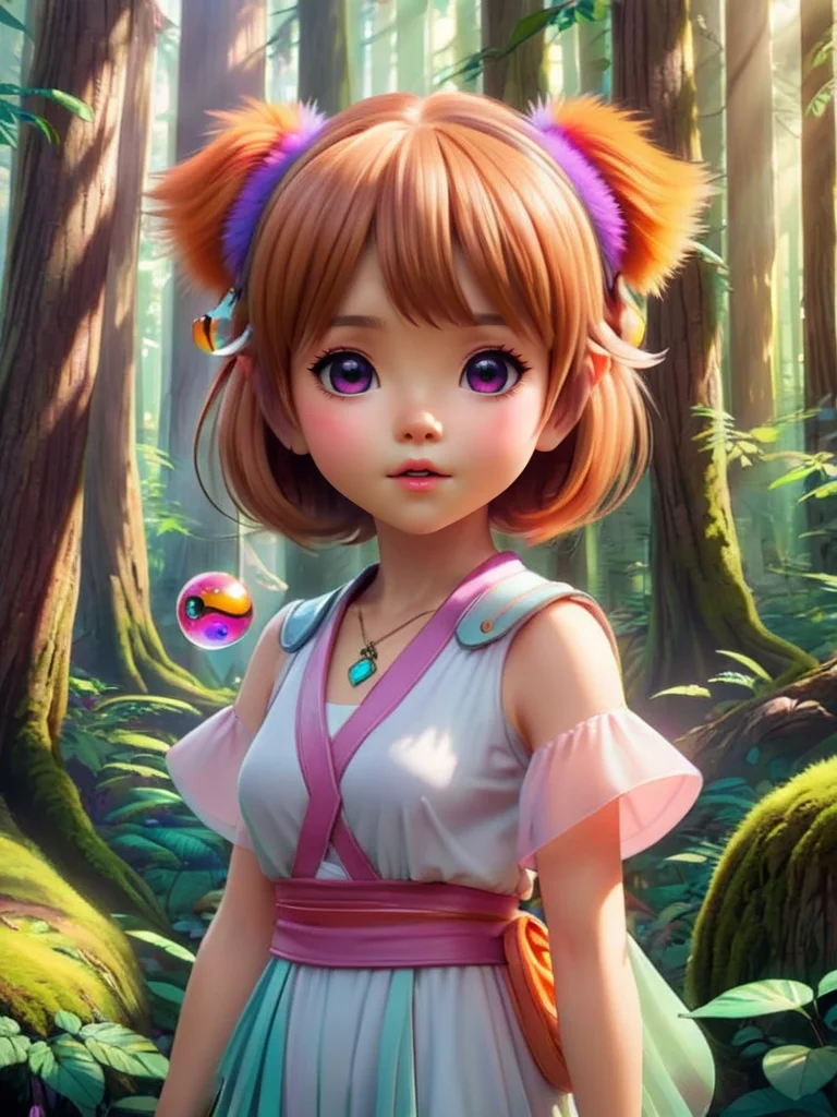 1girl,kawaii style an ewok mystic, enchanted forrest, colorful ethereal orbs floating in the air, huge anime eyes, . cute, adorable, brightly colored, cheerful, anime influence, highly detailed <lora:HanXue_SDXL-000008:0.6>