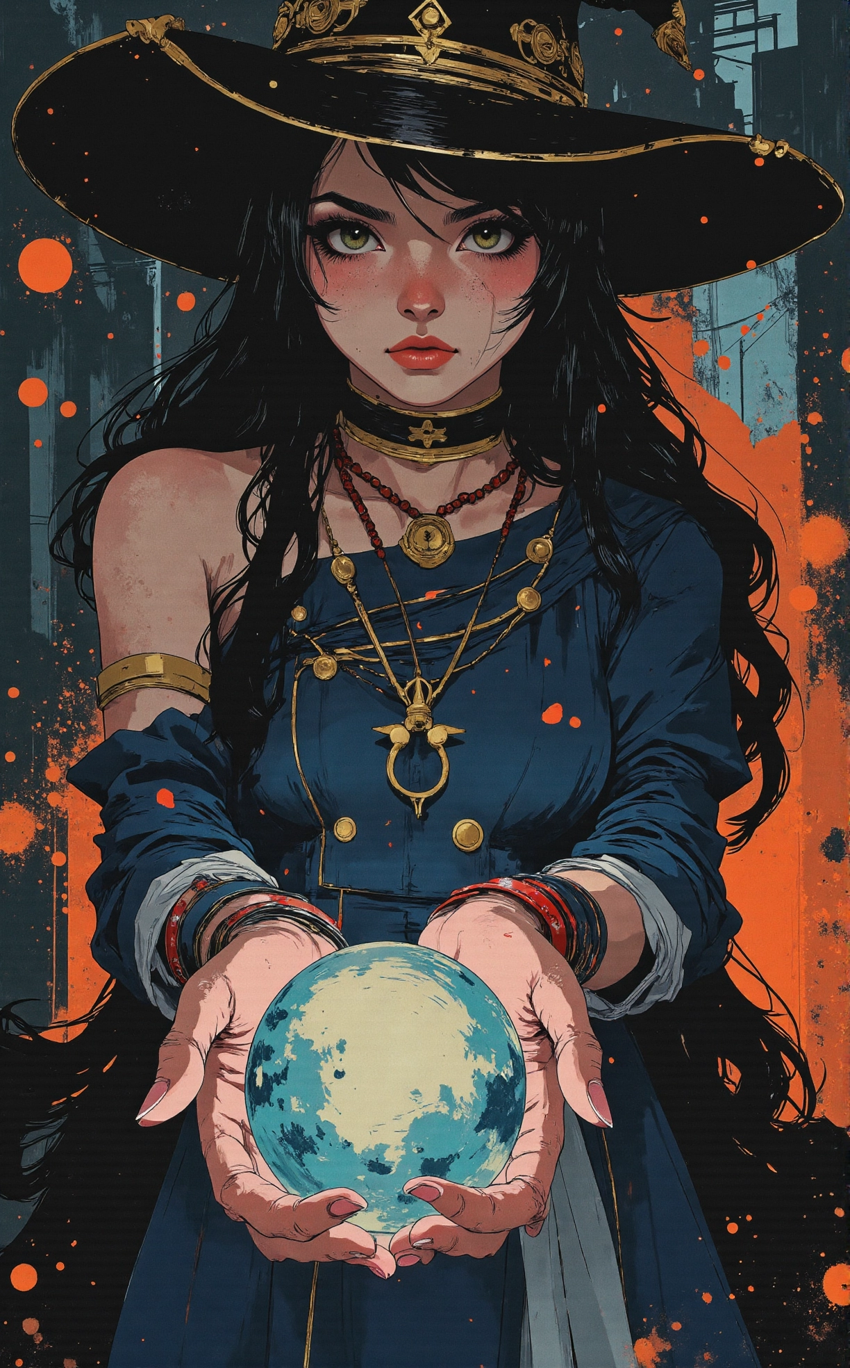 Off-center composition, three-quarters with high-key lighting, The image is a portrait of a young woman with long dark hair, wearing a black hat with intricate gold designs on it. She is also wearing a dark blue dress with gold accents and a red necklace. The woman is holding a small crystal ball in her hands, which she is holding with both hands. The crystal ball appears to be glowing, and the woman is looking directly at the camera with a serious expression. The background is dark and blurred, creating a mysterious and ethereal atmosphere. The lighting is soft and warm, highlighting the woman's features., dark and dim light, anime artwork comic scene art by Shinji Aramaki, expressionism art by Frank Auerbach, , Expressionism, thick impasto layers, gestural brushwork, intense and dynamic portraits, capturing the energy and essence of his subjects, abstracted urban landscapes, Anime, mecha and cyberpunk aesthetics, futuristic worlds, intricate mechanical designs, dynamic action sequences, blending traditional and CGI animation techniques . graphic illustration, comic art, graphic novel art, vibrant, highly detailed . anime style, key visual, vibrant, studio anime, highly detailed