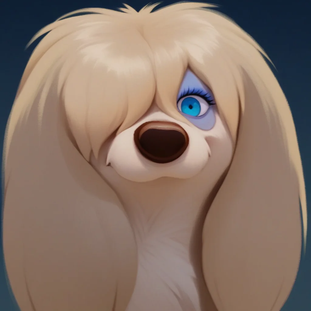 score_9, score_8_up, score_7_up, masterpiece, best quality, highly detailed, realistic, PegLTT, 1girl, solo, furry, feral, canine, tan body, tan fur, light-blue eyeshadow, blue eyes, black pupils, brown nose, hair over one eye, close-up, smile, closed mouth, looking at viewer, blue background, simple background