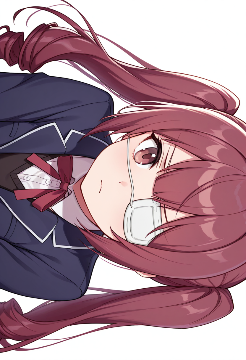 Smooth Quality,masterpiece,very intricate, high quality details, ultra realistic, high detailed skin,detailed enviorement,absurdres,
spread fingers,
 <lora:Hanazono_Yurine_CNR:0.8> yurine_cnr, brown hair,very long hair, brown eyes, medical eyepatch, frown, twintails, drill hair,, simple background, white background, sideways,solo,, in heat,, zip-up vest,  ,blazer, ,wrap skirt,  ,