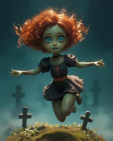 score_9, score_8_up, score_7_up, macabre, Eerie figurine with haunting gaze, Olive Skin, Redhead with half-up half-down style and loose curls, brown metallic lipstick, A misty graveyard with an open grave and an overturned tombstone , blue , wavy hair , tenebrism , Jumping with arms out to the side , dehazed, aquamarine eye, __Negs/Pos__, <lora:XL_Spirit_Boss_Battle_-_By_HailoKnight:0.8> bosstyle <lora:PerfectEyesXL:0.8> perfecteyes,