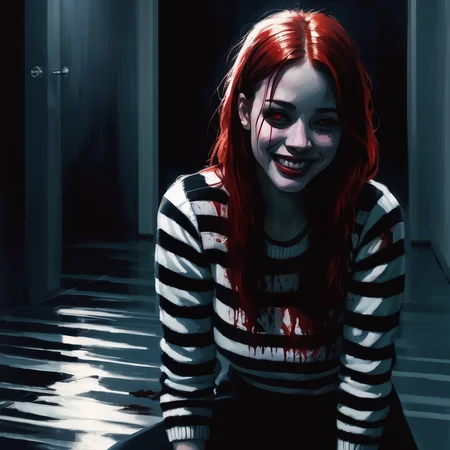 VtmArt, painting of girl with red hair wearing a striped sweater with big grin posing in a dark room, pool of blood on floor, <lora:VtmArt:1>, at night, cinematic lighting, (masterpiece:1.3), black floor
