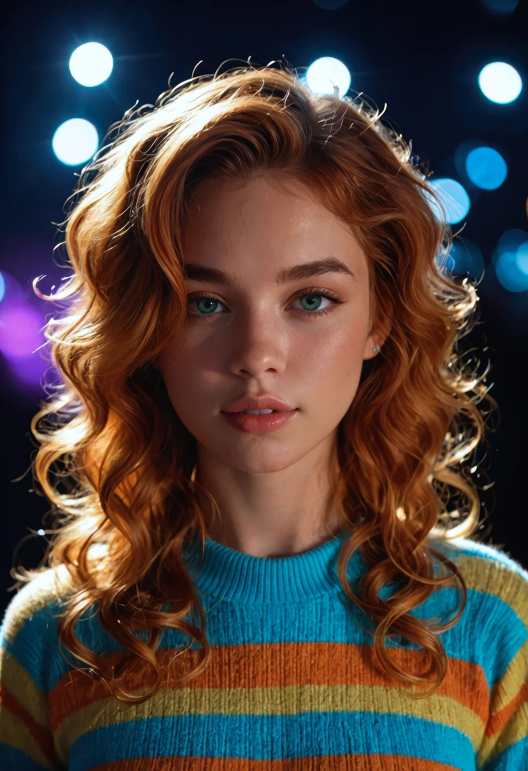 score_9, score_8_up, score_7_up, cinematic photo, close-up, 1girl, beautiful cute face, parted lips, curly ginger hair, natural eyebrows, pale skin, colorful sweater, multicolored clothing, illuminated by cool lights, blue lighting, purple lighting, teal lighting, soft glow, shimmer effect, sharp detail, fashion editorial, seductive gaze, high contrast, glowing atmosphere, dreamy lighting, atmospheric background, studio lighting, realistic face, photorealistic