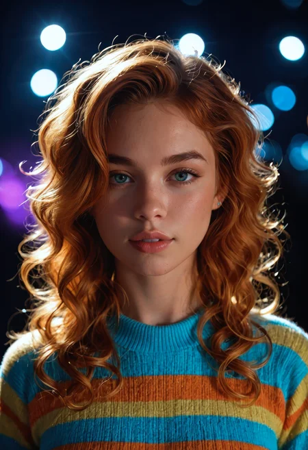 score_9, score_8_up, score_7_up, cinematic photo, close-up, 1girl, beautiful cute face, parted lips, curly ginger hair, natural eyebrows, pale skin, colorful sweater, multicolored clothing, illuminated by cool lights, blue lighting, purple lighting, teal lighting, soft glow, shimmer effect, sharp detail, fashion editorial, seductive gaze, high contrast, glowing atmosphere, dreamy lighting, atmospheric background, studio lighting, realistic face, photorealistic