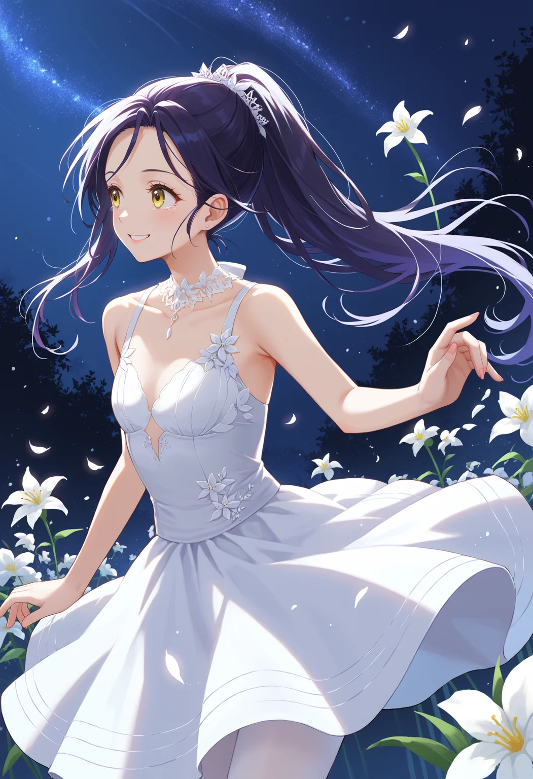 (score_9,score_8_up,score_7_up, ),Hikaru KAMISAKI,solo,white dress,yellow eyes,smile,ponytail,long hair,white pantyhose,purple hair,black hair,dancing,
masterpiece,best quality,nsfw,very aesthetic,absurdres,bare neck,looking away,
white flowers,overgrowned,tear drop,sky,dark background,starry night,scenery view,8k,intricate details,dutch angle,<lora:Hikaru KAMISAKI_pony-000010:1>