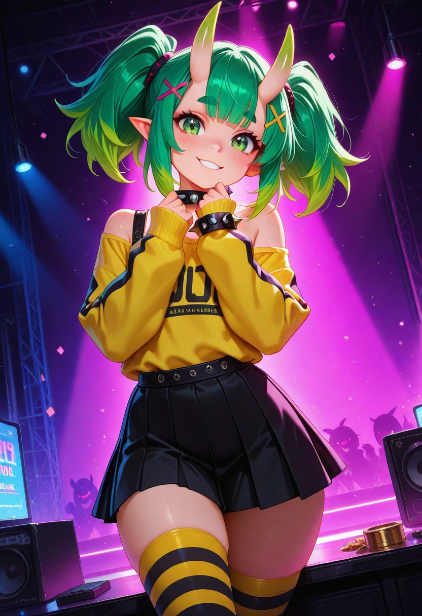 masterpiece, best quality, amazing quality, volumetric lighting, (by_neoartcore:0.1), BREAK, 1girl, 25 years old, cute, petite, 
green eyes, 
pointy ears, 
green hair, twintails, bangs, multicolored hair, thick eyebrows, x hair ornament, hair ornament, hairclip, oni horns, 
spiked collar, spiked bracelet, 
off shoulder, yellow shirt, sleeves past wrists, 
black skirt, pleated skirt, 
striped thighhighs, black thighhighs, yellow thighhighs, looking at viewer, rawring pose, hands up, smiling, 
cowboy shot, dutch angle, night, party, leg focus, nightclub,
masterpiece, best quality, amazing quality,
