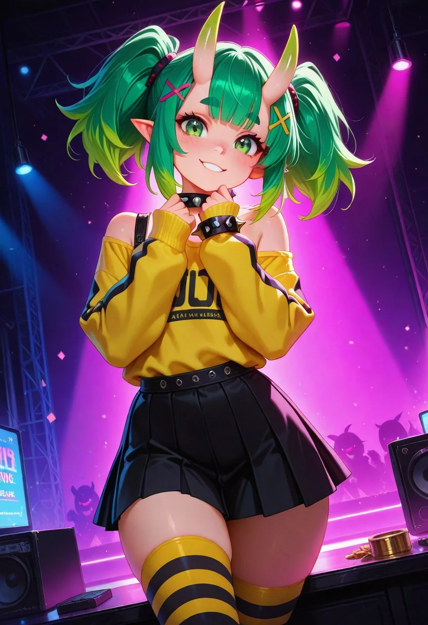masterpiece, best quality, amazing quality, volumetric lighting, (by_neoartcore:0.1), BREAK, 1girl, 25 years old, cute, petite,
green eyes,
pointy ears,
green hair, twintails, bangs, multicolored hair, thick eyebrows, x hair ornament, hair ornament, hairclip, oni horns,
spiked collar, spiked bracelet,
off shoulder, yellow shirt, sleeves past wrists,
black skirt, pleated skirt,
striped thighhighs, black thighhighs, yellow thighhighs, looking at viewer, rawring pose, hands up, smiling,
cowboy shot, dutch angle, night, party, leg focus, nightclub,
masterpiece, best quality, amazing quality,