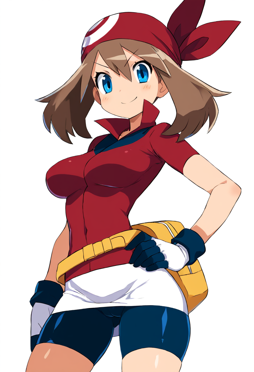 (masterpiece, best quality, good quality, very aesthetic, absurdres, newest:1.2), (curvy, medium breasts),  zzMay, solo, brown hair, blue eyes, medium hair,  red shirt, bike shorts, red bandana, red shirt, gloves, white miniskirt, yellow belt,  <lora:MayPokemon_NAI:1.0>,, smile, looking at viewer, cowboy shot,  <lora:HaradaTakehito_NAI:0.8>, <lora:ZankuroStyle_NAI:0.5>,
