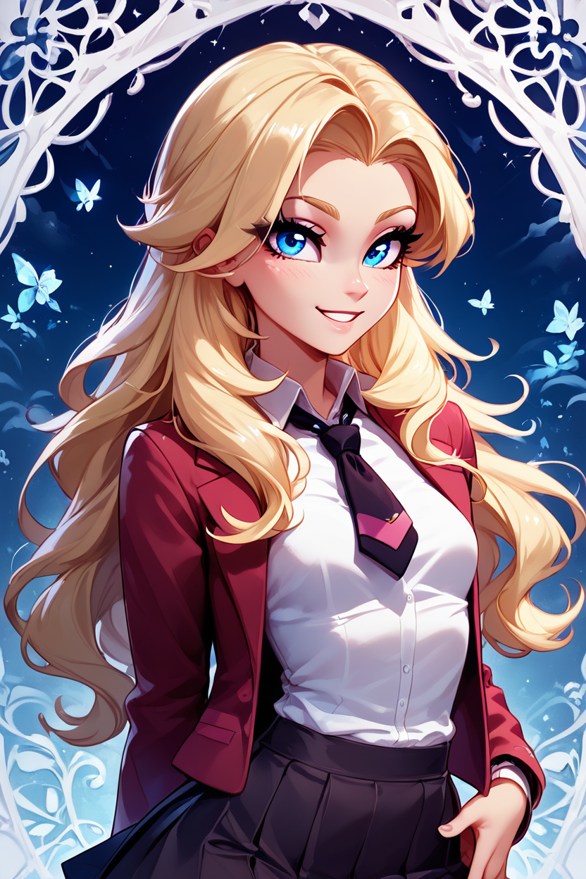 score_9, score_8_up, score_8, medium breasts, (curvy), cute, eyelashes,       ,,, , ,,, zzLss, blue eyes, blonde hair, long hair,  shirt, necktie, jacket, school uniform, white shirt, long sleeves, black necktie, collared shirt, blazer, black skirt, black pantyhose,  <lora:Lass_Pokemon_PDXL:0.8>,     ,,,, BREAK, ,,, upper body, smile, looking at viewer, ,,, shiny skin, <lora:ProAnime_PDXL_v1:0.8>, night, soft shadows, moonlight reflecting off skin, whisper of wind, ,,, embedding:zPDXL, Expressiveh, <lora:SDXLFaeTastic2400:0.5>, <lora:Expressive_H-000001:0.4>,