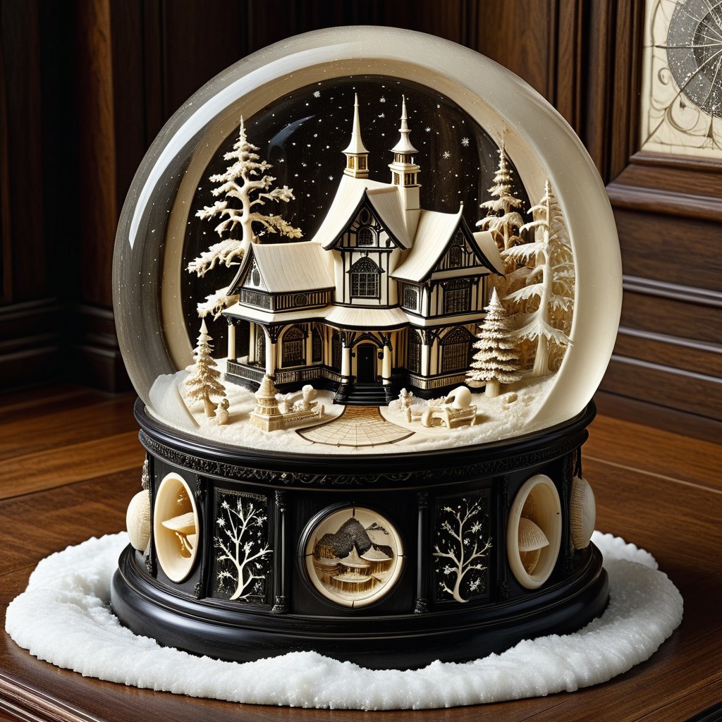masterpiece, film grain, 
made out of, ebony, ivory, scrimshaw, bone carving, interior of snow globe, cozy room,