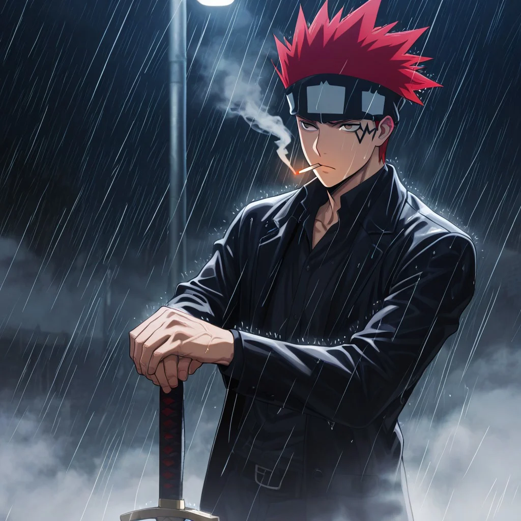 masterpiece, best quality, amazing quality, absurdres, newest, detailed background, definition so sharp, Ultra-HD, 8K cinematic, very awa, impressionate, amazing quality, highres,
solo, male focus, manly,
1boy, d0tb_red hair, d0tb_brown eyes, d0tb, spiked hair, facial tattoo, headband, smoking, smoke,
serious expression, hand on sword hilt, protective stance, looking to side, rain, night, streetlights, cool, determined, hot-blooded, watchful