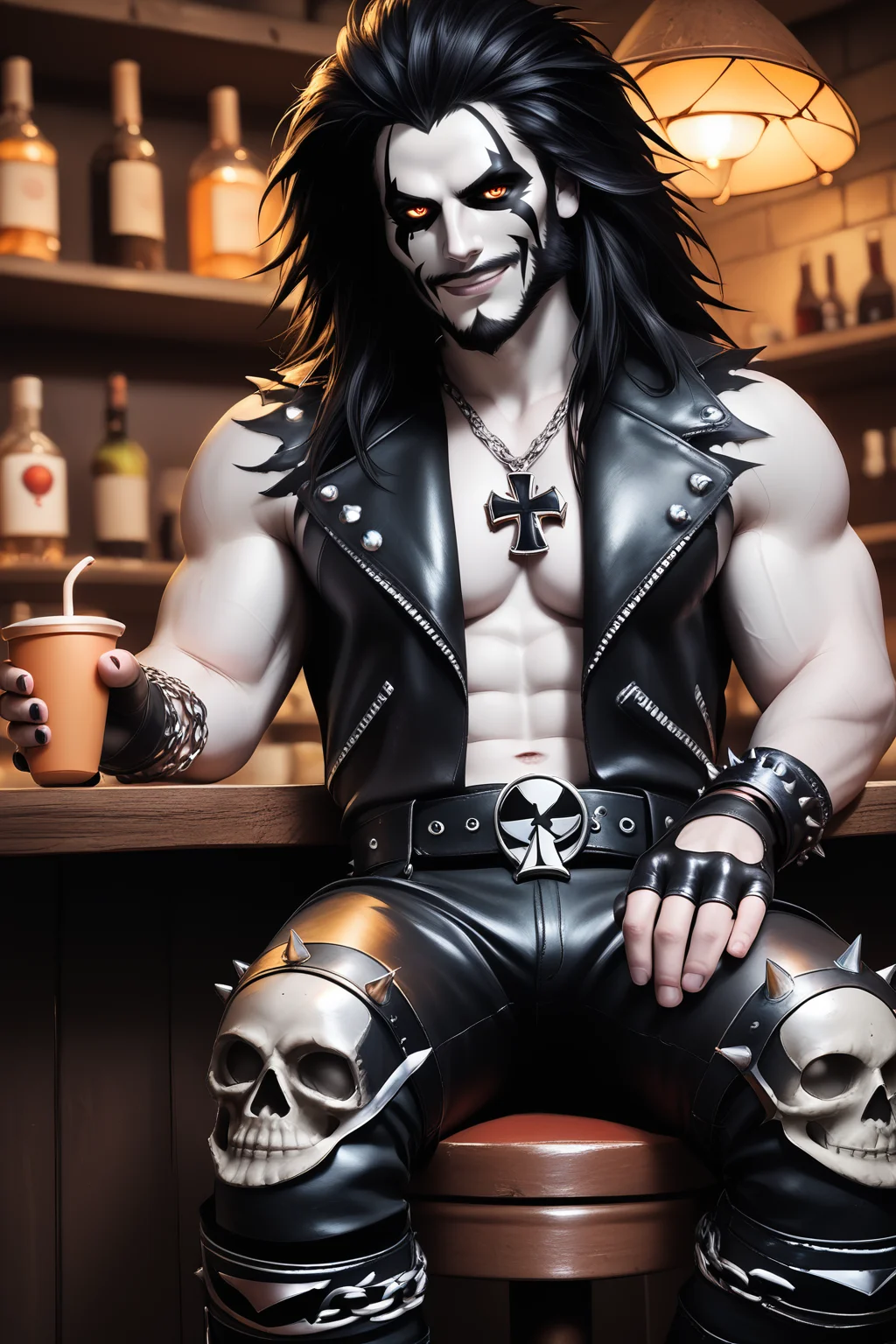 score_9, score_8_up, score_7_up, masterpiece, high quality, realistic
<lora:LoboPonyLora:0.8> lbo, pale skin, long hair, face paint, full beard, leather vest, fingerless gloves, chains, skulls, belt, leather pants, knee pads, iron cross necklace, buckle, spikes, shirtless, sitting in a cafe holding a cup of tea, smile