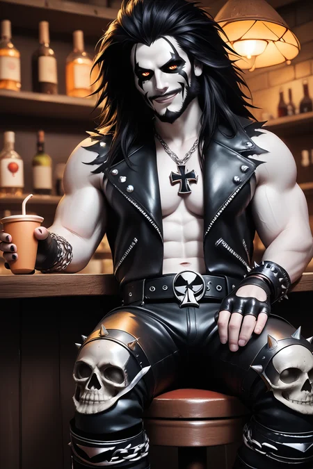 score_9, score_8_up, score_7_up, masterpiece, high quality, realistic
 <lora:LoboPonyLora:0.8> lbo, pale skin, long hair, face paint, full beard, leather vest, fingerless gloves, chains, skulls, belt, leather pants, knee pads, iron cross necklace, buckle, spikes, shirtless, sitting in a cafe holding a cup of tea, smile