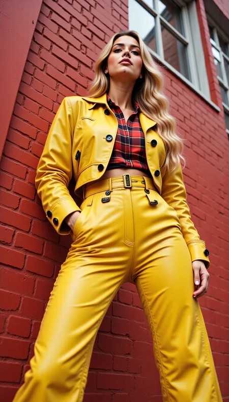 A highly detailed and artistic image of a fashionable young woman striking a confident pose against a vibrant red brick wall. She has long, wavy blonde hair styled elegantly, cascading down her shoulders, and her makeup is flawless with a natural, glowing look. She is wearing a bold, bright yellow leather ensemble consisting of a cropped jacket with prominent black buttons and matching high-waisted, wide-leg pants with distinctive black accents and buckles. Underneath the jacket, she wears a red and black plaid shirt, which is unbuttoned at the top to reveal a hint of a black undershirt, adding layers and depth to her outfit. The yellow leather of her jacket and pants has a glossy finish, reflecting light and adding a striking contrast to the red background. Her pose is dynamic and confident, with one hand resting on her hip and the other relaxed by her side. The background features a vivid red brick wall with a rustic, textured appearance, creating a bold and eye-catching backdrop. The image captures the rich textures and details of the leather, the intricate patterns of the plaid shirt, and the vibrant colors of her outfit and the background. Soft, natural lighting to highlight her features and the details of her clothing, creating a sense of depth and dimension in the scene. The overall aesthetic highly artistic, with a focus on fashion, bold colors, and a confident, stylish vibe. 1980s, fashion shoot, designer clothes, aerobics, punk chic, power dressing, oversized. (Low Angle View:1.5).
<lora:FLUX.1-DEV_-_Wild_1980s_Fashions_LoRA:0.8>, <lora:realism_lora:1>, hyp3rd3tail style <lora:hyper-detail-illustration:0.4>, <lora:LowAngleViewFLUX-000001:1>