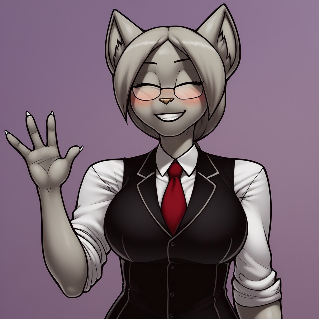 score_9, score_8_up, score_7_up, masterpiece, best quality, highly detailed, realistic, 1girl, solo, AgathaJW, furry, anthro, feline, female furry, grey inner ear, inner ear fluff, black eyebrows, thin eyebrows, light-brown nose, grey hair, ponytail, long hair, eyes closed, square glasses, eyewear, grey body, grey fur, grey tail, big breasts, smile, closed mouth, teeth, office lady, black topwear, white shirt, white sleeves, sleeves rolled up, red tie, black pants, clothed, Expressiveh, purple background, simple background, upper body, standing, (ultra realistic, 32k, masterpiece:1.2), (high detailed skin:1.1), (high quality:1.1), (waving, 4 fingers), white nails, blushing
