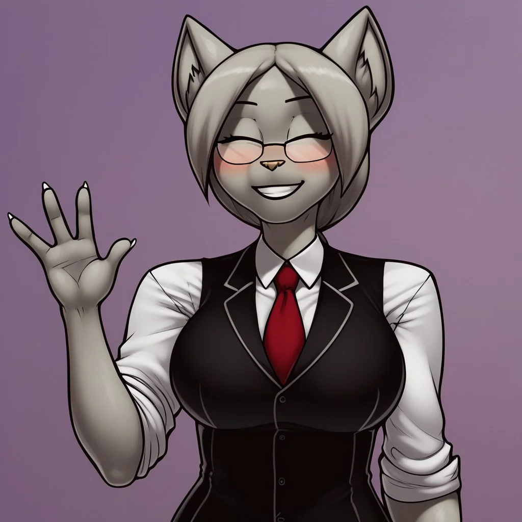 score_9, score_8_up, score_7_up, masterpiece, best quality, highly detailed, realistic, 1girl, solo, AgathaJW, furry, anthro, feline, female furry, grey inner ear, inner ear fluff, black eyebrows, thin eyebrows, light-brown nose, grey hair, ponytail, long hair, eyes closed, square glasses, eyewear, grey body, grey fur, grey tail, big breasts, smile, closed mouth, teeth, office lady, black topwear, white shirt, white sleeves, sleeves rolled up, red tie, black pants, clothed, Expressiveh, purple background, simple background, upper body, standing, (ultra realistic, 32k, masterpiece:1.2), (high detailed skin:1.1), (high quality:1.1), (waving, 4 fingers), white nails, blushing