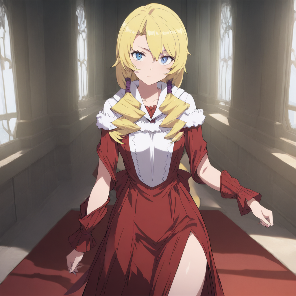 1girl,solo,looking at viewer,cowboy_shot,masterpiece,high score,great score,absurdres,red dress,<lora:Lashara_tmwg ag4o v1:1> lashara_tmwg, blonde hair, blue eyes,