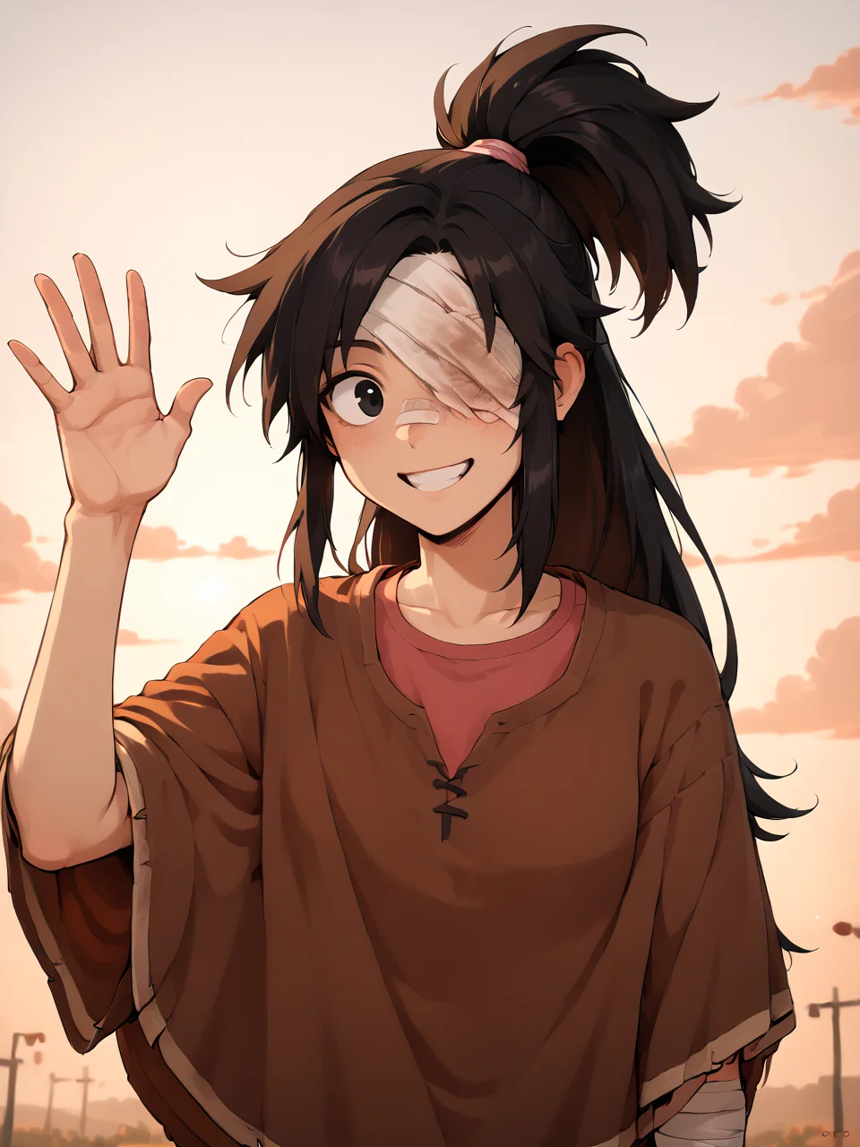 score_9, score_8_up, score_7_up, score_6_up, BREAK, BudArmstrong, solo, 1girl, long hair, black hair, ponytail, black eyes, bandage over one eye, bandaged arm, one eye covered, brown poncho, upper body, smile, raise left hand, waving, looking at viewer <lora:Buddy_Armstrong:1>