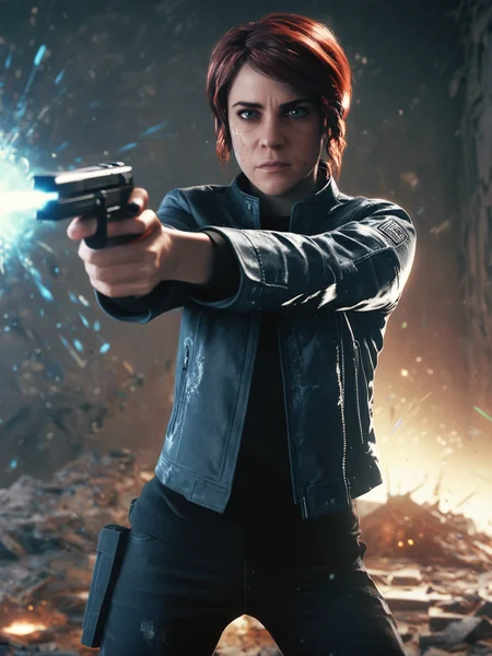 a woman,faced to viewer,dramatic lighting,particles,debris,solo,solo focus,holding massive [pistol:cube:0.63],aiming at viewer,
<lora:Jasse_Faden_v6_biglust:0.95>woman,jasfdn face,jas hair,looking at viewer,clothed,
jacket, rating_safe