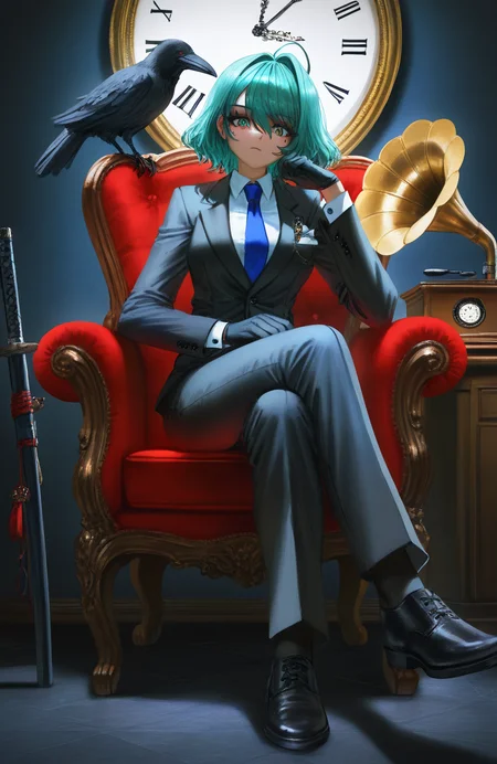 masterpiece,best quality,amazing quality,very absurdres,aesthetic,newest,impactful picture,offcial art,movie perspective,
artist:quasarcake,artist:nixeu,artist:john,
tamaki \(doa\),mole,mole under eye,black nails,medium hair, hair between eyes, asymmetrical bangs, ahoge,large breast,detailed eyes,
virtual youtuber, formal, gloves, suit, sitting, solo, pants, bird, crossed legs, cup, jacket, necktie, black footwear, hair intakes, looking at viewer, chair, black jacket, blue necktie, pant suit, weapon, crow, black pants, phonograph, black gloves, shirt, full body, clock, black suit
<lora:doa_tamaki_noobxl_vpred10_v10:1.0>