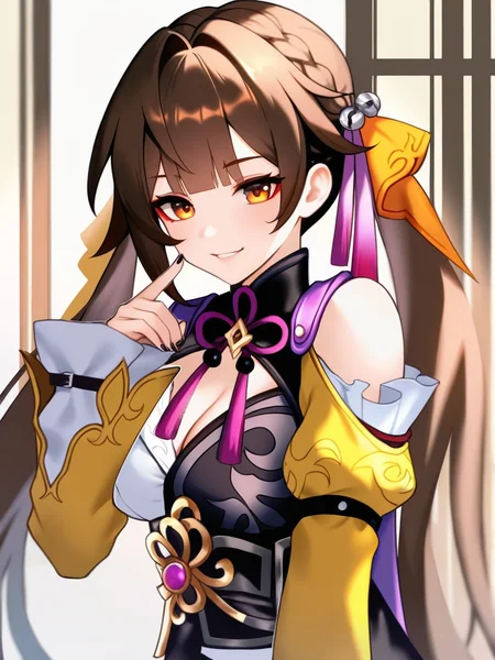 masterpiece, best quality, very aesthetic, highres, absurdres,(miurahha, bacius, ririko \(fhnngririko\):0.4),<lora:star_rail_all-000014:1>ï¼1girl, black belt, black nails, black vest, braid, brown hair, chinese clothes, cleavage, hair ribbon, long hair, off-shoulder shirt, orange eyes, parted lips, purple ribbon, red eyeshadow, smile, solo, sushang (honkai: star rail), teeth, twintails, white shirt, yellow ribbon, yellow sleeves