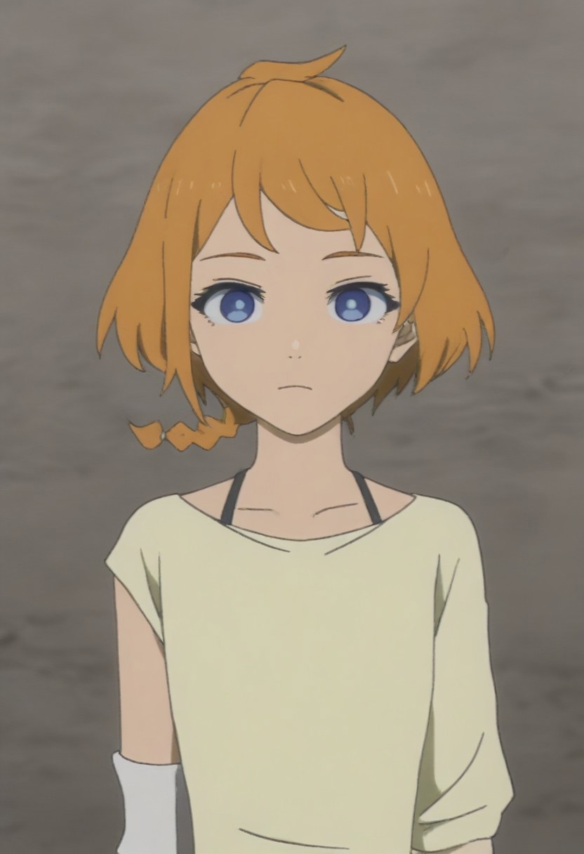 masterpiece, best quality, amazing quality, 1girl, solo,,, shiny skin,,,,  <lora:natsume_deca-il:1> natsume_deca, short hair, blue eyes, braid, orange hair, shirt,