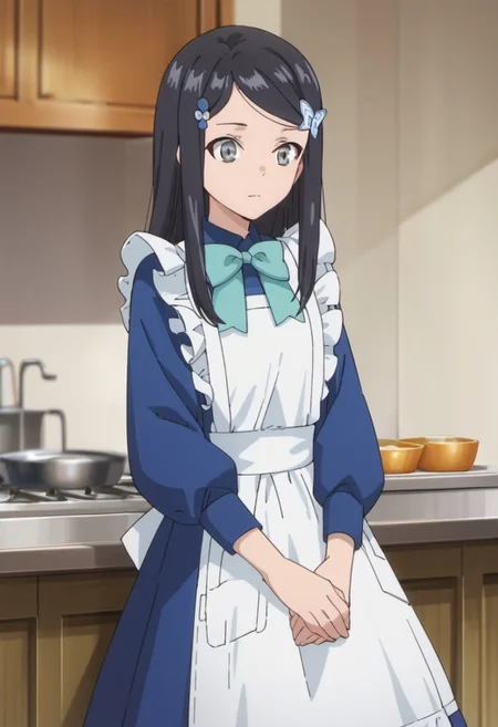 score_9, score_8_up, score_7_up, source_anime, yamano mitsuha, black hair, long hair, grey eyes, 1girl, hair ornament, solo, apron, hairclip, anime coloring, bow, blue hair, butterfly hair ornament