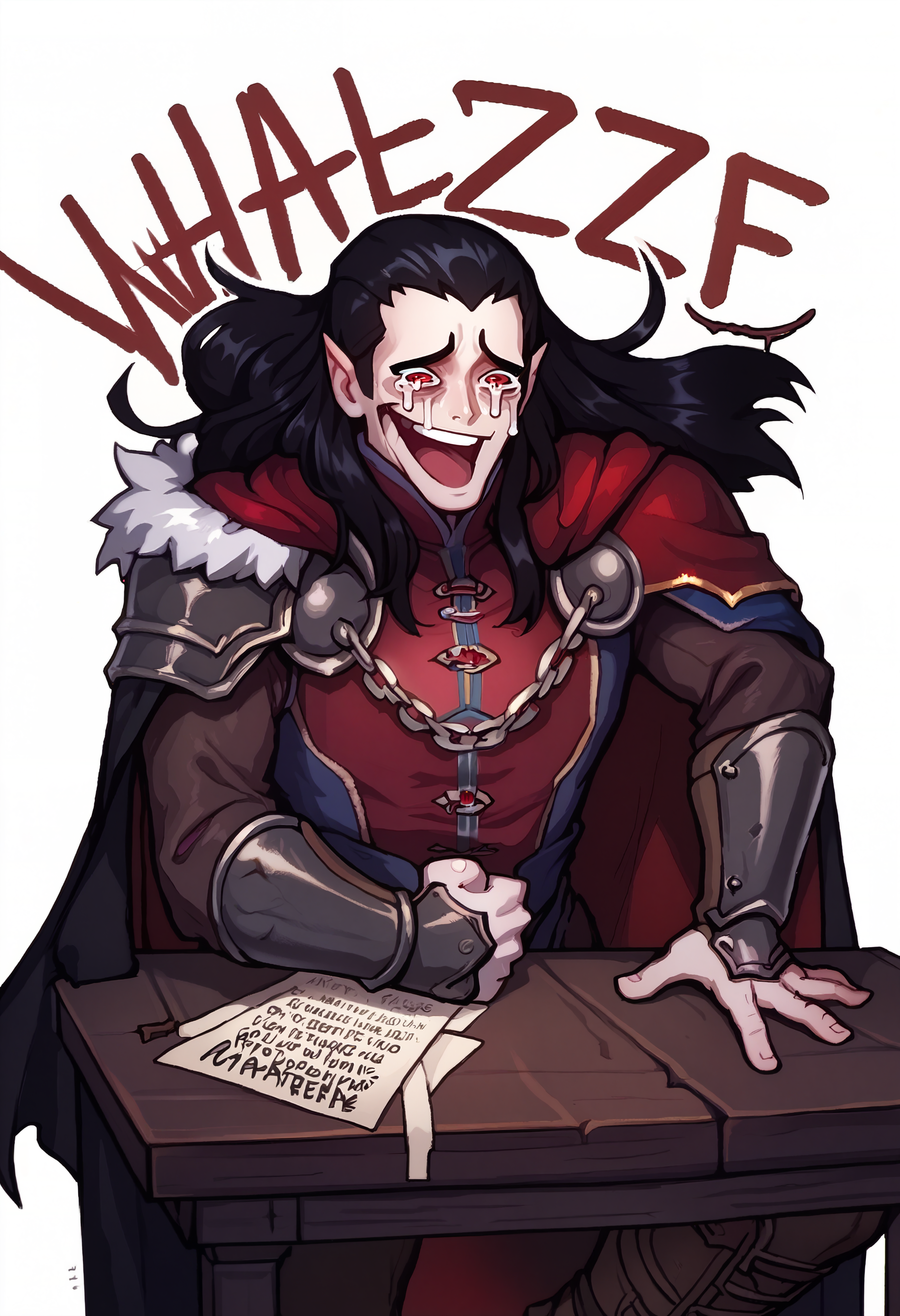 score_9, score_8_up, score_7_up BREAK  solo, 1boy, strahd, colored skin, pale skin, pointy ears, long hair, black hair, red eyes, fhigh collar, black cape, cloak chain, red doublet, shoulder armor, fur trim, vambraces, brown pants, brown boots <lora:clamStrahdPDXL_v20:1> <lora:Wheeze_XLPD:1> Wheeze, open mouth, tears, laughing, hand on table, english text, clenched hand