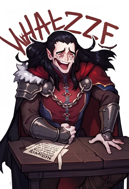 score_9, score_8_up, score_7_up BREAK solo, 1boy, strahd, colored skin, pale skin, pointy ears, long hair, black hair, red eyes, fhigh collar, black cape, cloak chain, red doublet, shoulder armor, fur trim, vambraces, brown pants, brown boots <lora:clamStrahdPDXL_v20:1> <lora:Wheeze_XLPD:1> Wheeze, open mouth, tears, laughing, hand on table, english text, clenched hand
