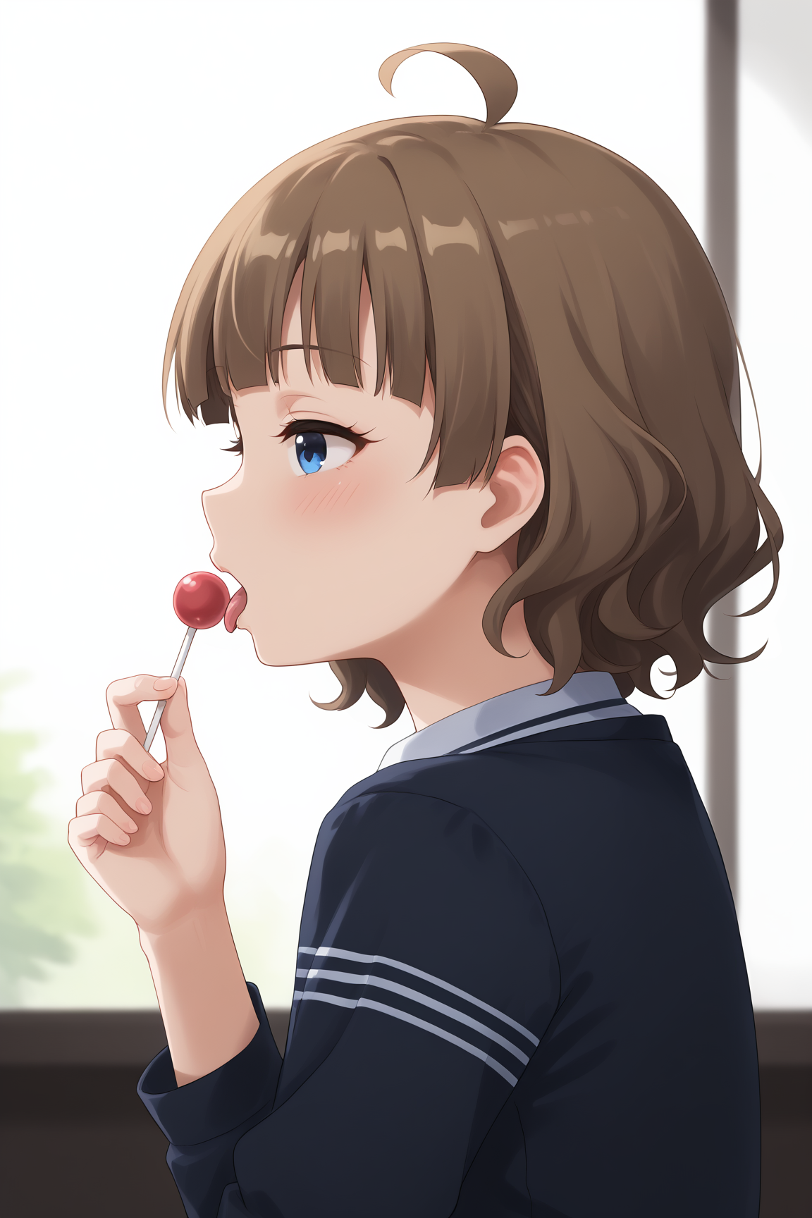 zPDXLpg, 1girl, solo, half-closed eyes, blush, tongue out, licking lollipop using tongue, seductive, upper body, focus face, young, from side,
 <lora:suou_momoko_sdxl_locon_pony_v2:0.7> suou momoko, ahoge, light brown hair, brown hair, short hair, blue eyes, eyebrows visible through hair, wavy hair, blunt bangs, <lora:hand 4:1> Hand, five fingers,,