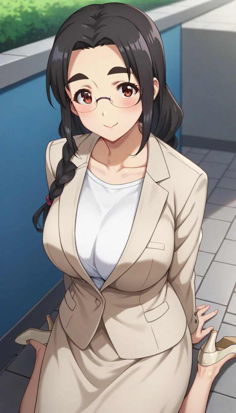 score_9,score_8_up,masterpiece,best quality,correct anatomy,anime_source,1girl,solo,perfect eyes,perfect arms,perfect legs,perfect face,outdoors,upper body,(portrait:1.5),looking at viewer,facing viewer,smile,blush,Miki Morishita,black hair,long hair,braid,forehead,thick eyebrows,brown eyes,rimless eyewear,collarbone,business suit,beige jacket,white shirt,large breasts,skirt suit,beige skirt,white socks,high heels,beige footwear,<lora:Miki Morishita(bnr)-Pony:1.4>,